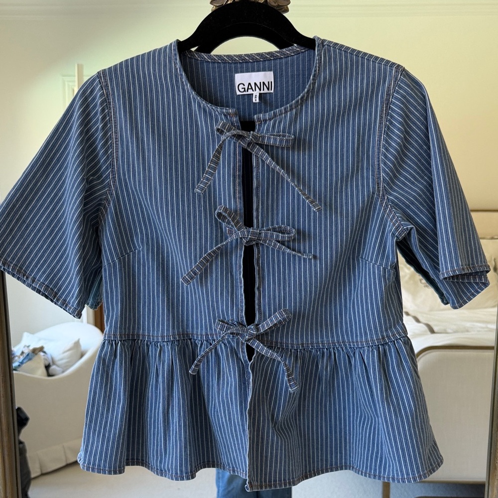 Ganni Blue White Pinstripe Tie-Front Peplum Blouse